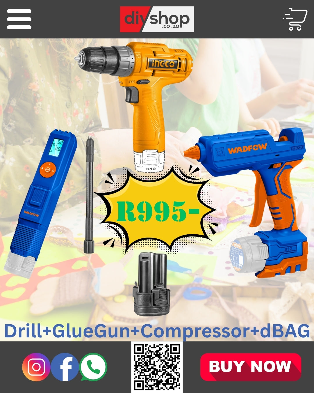 Drill+Glue Gun + Compressor Bundle 25/08/2025