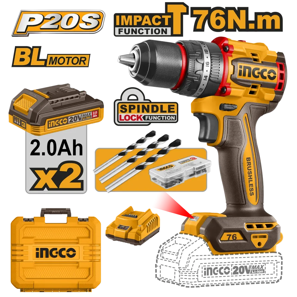 Impact Drill Cordless Metal Chuck 20π in Case iNGCO-76π-π-+2x 2π΄π Bat & Chrg-