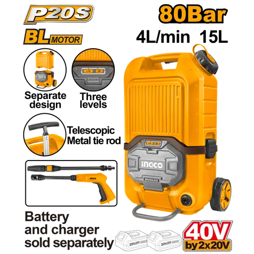 Pressure Washer Cordless 2x20π 80β iNGCO-Tool Only-