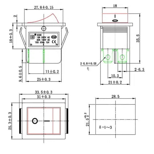 Rocker Switch Illuminated-Single DPST/16𝐴/250𝑉/(26x22𝑚𝑚)-