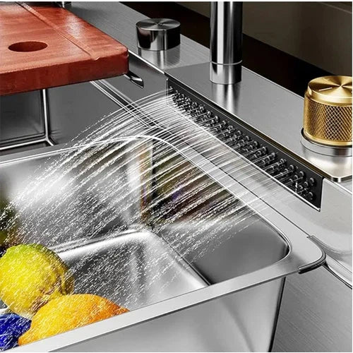 Sink Drop In Sleek Workstation + Waterfall Mixer-Stainless Steel-