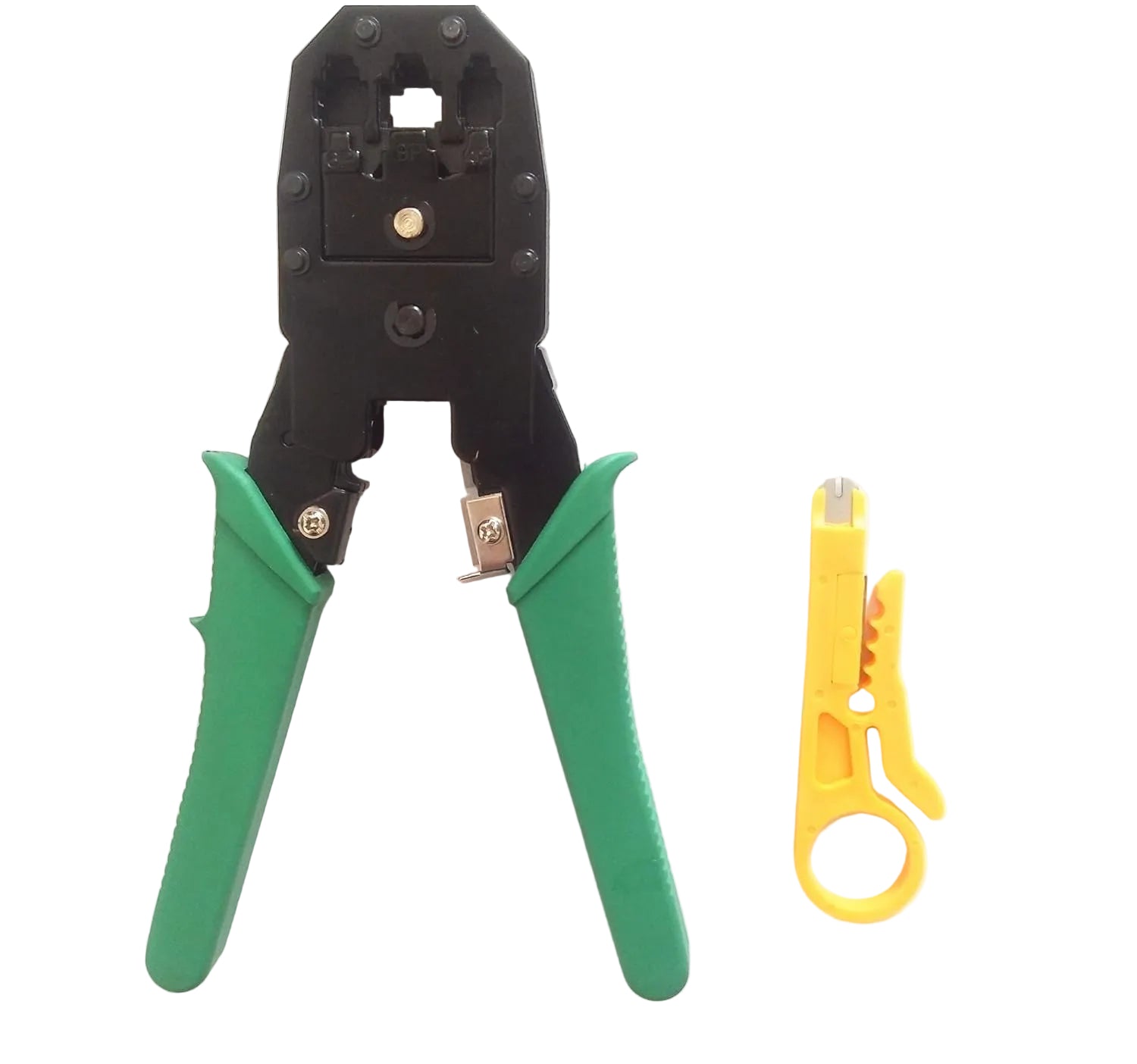 Crimping tool with green handles and a yellow wire stripper on a white background