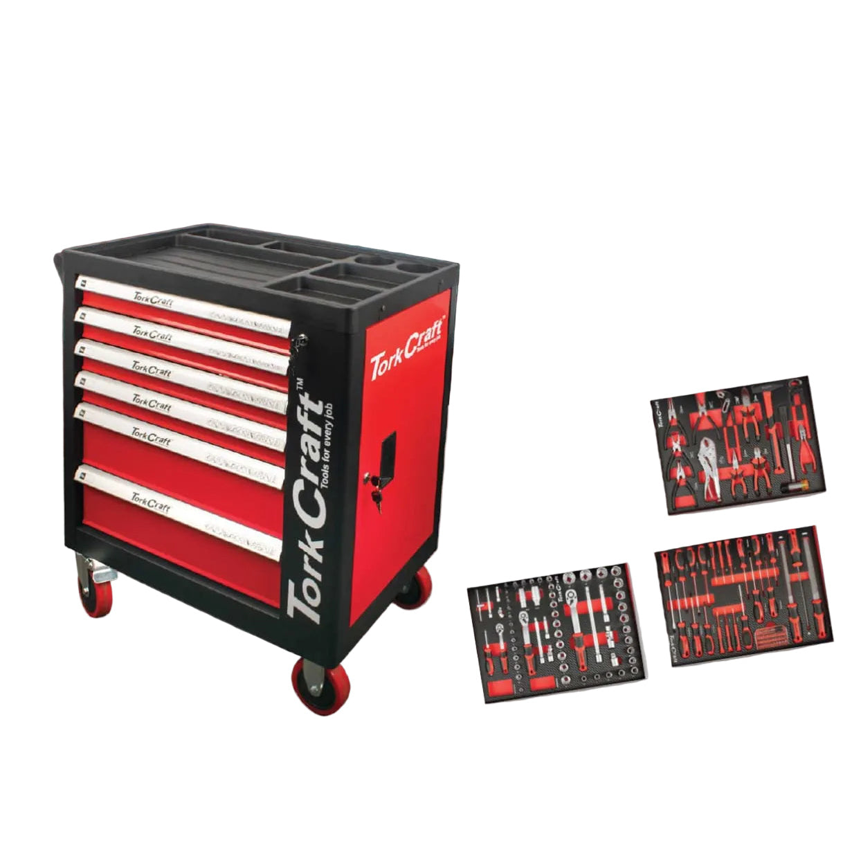 Tork Craft tool cabinet with promotional pricing on a red background