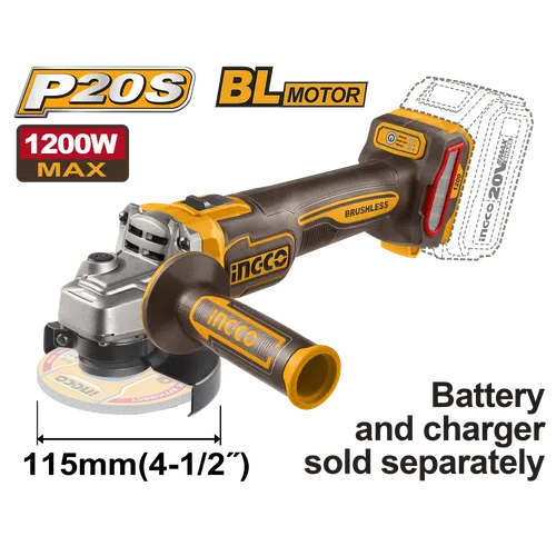 Angle Grinder Cordless 115𝑚𝑚 20𝑉 iNGCO-1200𝑊-Tool Only-