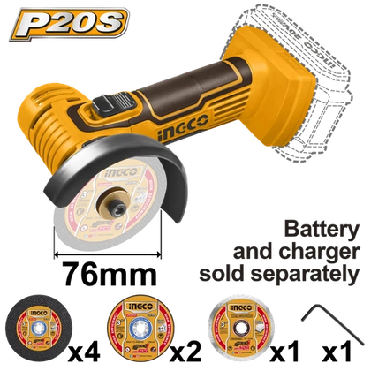 Angle Grinder Cordless 76𝑚𝑚 𝑃20ˢ iNGCO-Tool Only-