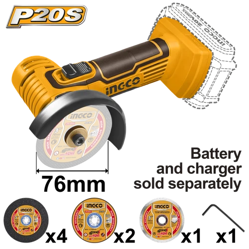 Angle Grinder Cordless 76𝑚𝑚 𝑃20ˢ iNGCO-Tool Only-