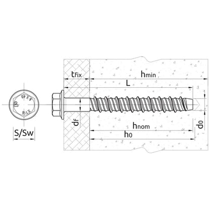 Concrete Screwbolt Hex Head Rawl-10x75mm-𝑝/10-