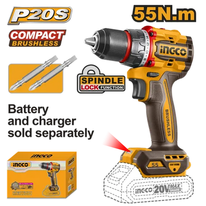 Drill Cordless 𝑃20ˢ iNGCO-55𝑁-𝑚-Tool Only-