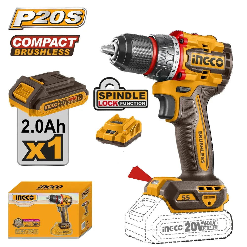 Drill Cordless 𝑃20ˢ iNGCO-55𝑁-𝑚-Tool Only-