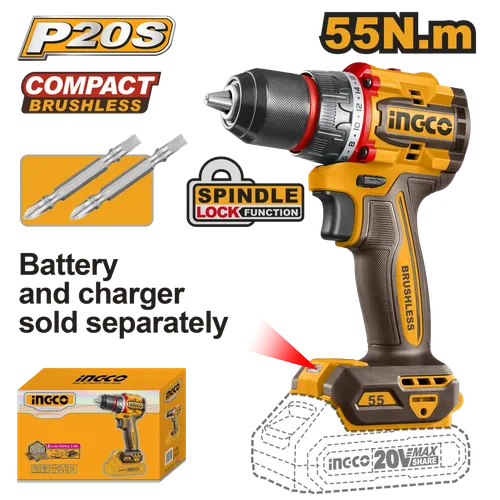 Drill Cordless Metal Chuck 20𝑉 iNGCO-55𝑁-𝑚-Tool Only-