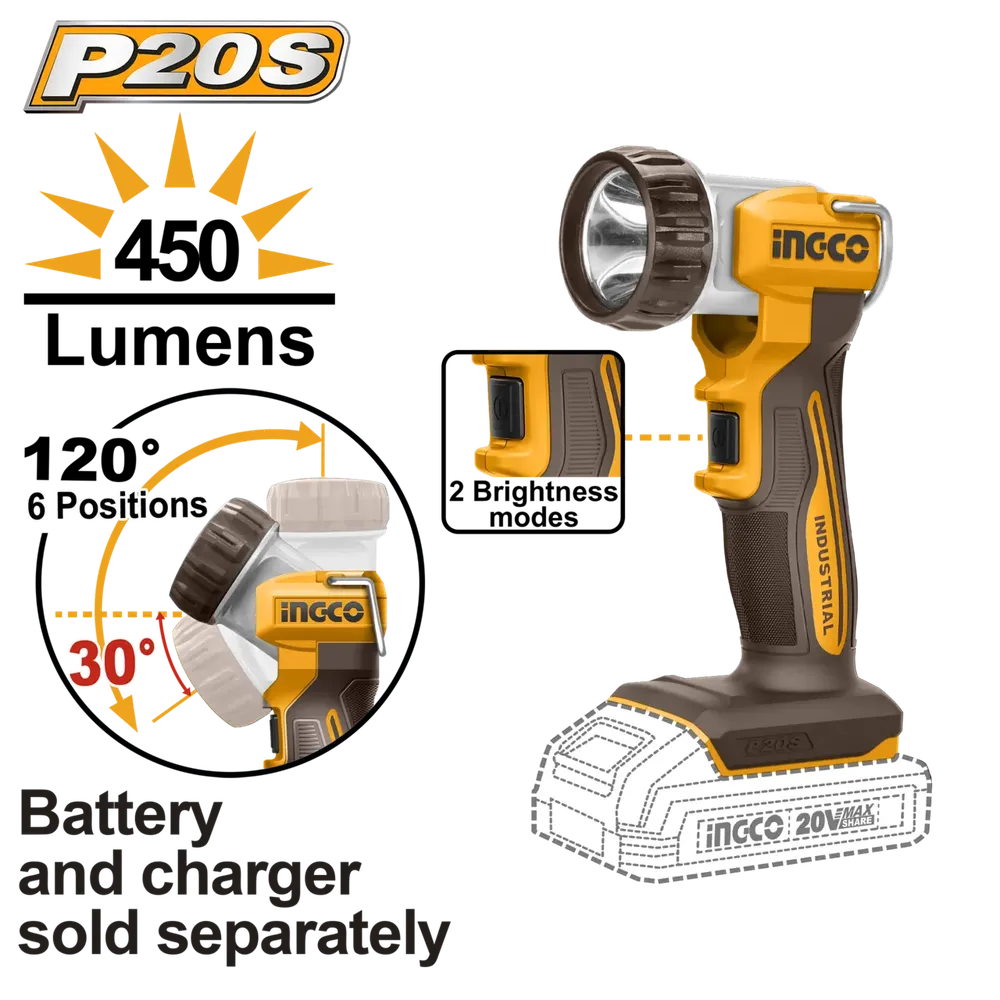 Flashlight Cordless 𝑃20ˢ iNGCO-Tool Only-450l𝑚-