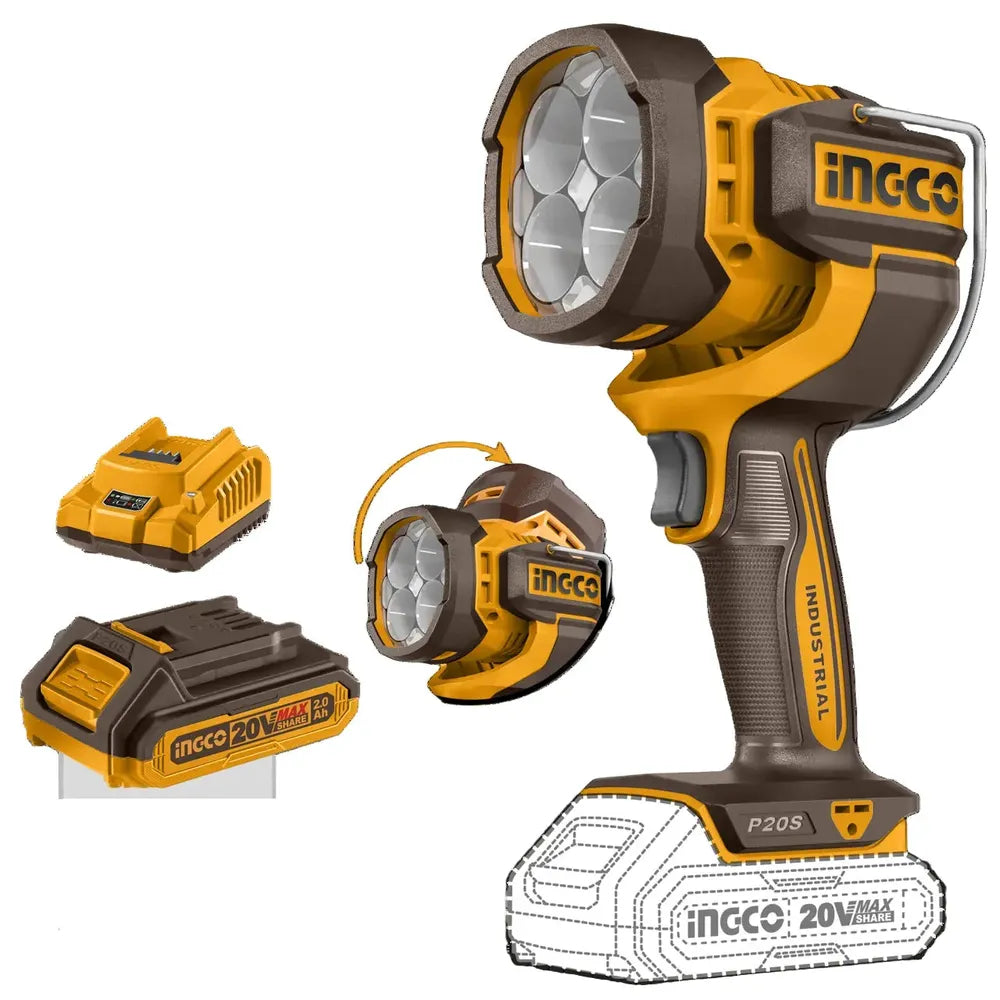 Flashlight Work Lamp Cordless 20𝑉 2000l𝑚 iNGCO-+ 2𝐴𝒉 Bat & Chrg-
