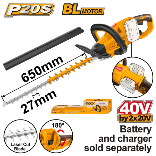 Hedge Trimmer Cordless 2x𝑃20ˢ iNGCO-650mm-Tool Only-