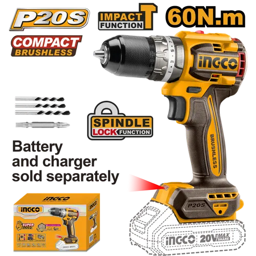 Impact Drill Cordless 20𝑉 60𝑁-𝑚 iNGCO