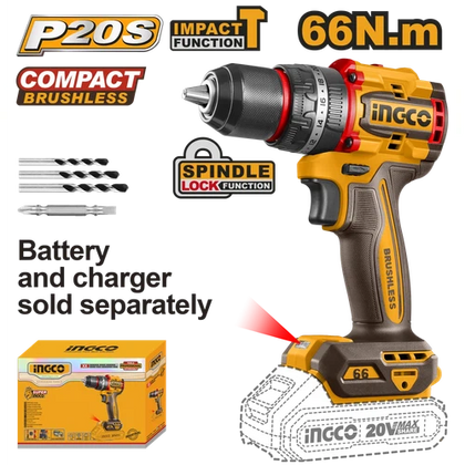 Impact Drill Cordless 𝑃20ˢ iNGCO-66𝑁-𝑚-Tool Only-