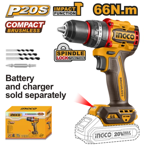 Impact Drill Cordless 𝑃20ˢ iNGCO-55𝑁-𝑚-Tool Only-