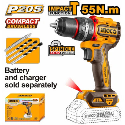Impact Drill Cordless 𝑃20ˢ iNGCO-66𝑁-𝑚-Tool Only-