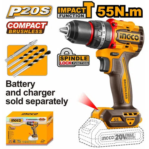 Impact Drill Cordless 𝑃20ˢ iNGCO-55𝑁-𝑚-Tool Only-