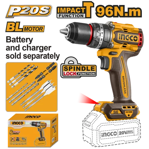 Impact Drill Cordless 𝑃20ˢ iNGCO-55𝑁-𝑚-Tool Only-