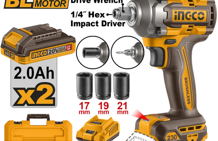 Impact Driver/Wrench Cordless 𝑃20ˢ 1/2" SET iNGCO-230𝑁-𝑚-+2x 2AH Batt & Chrg-