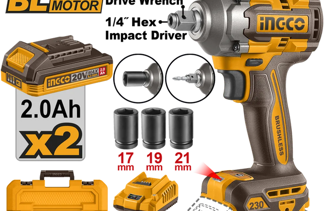 Impact Driver/Wrench Cordless 𝑃20ˢ 1/2" SET iNGCO-230𝑁-𝑚-+2x 2AH Batt & Chrg-