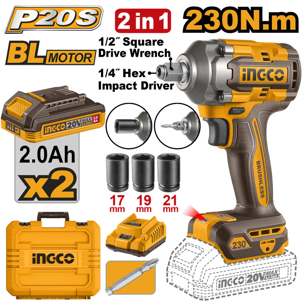 Impact Driver/Wrench Cordless 𝑃20ˢ 1/2" SET iNGCO-230𝑁-𝑚-+2x 2AH Batt & Chrg-