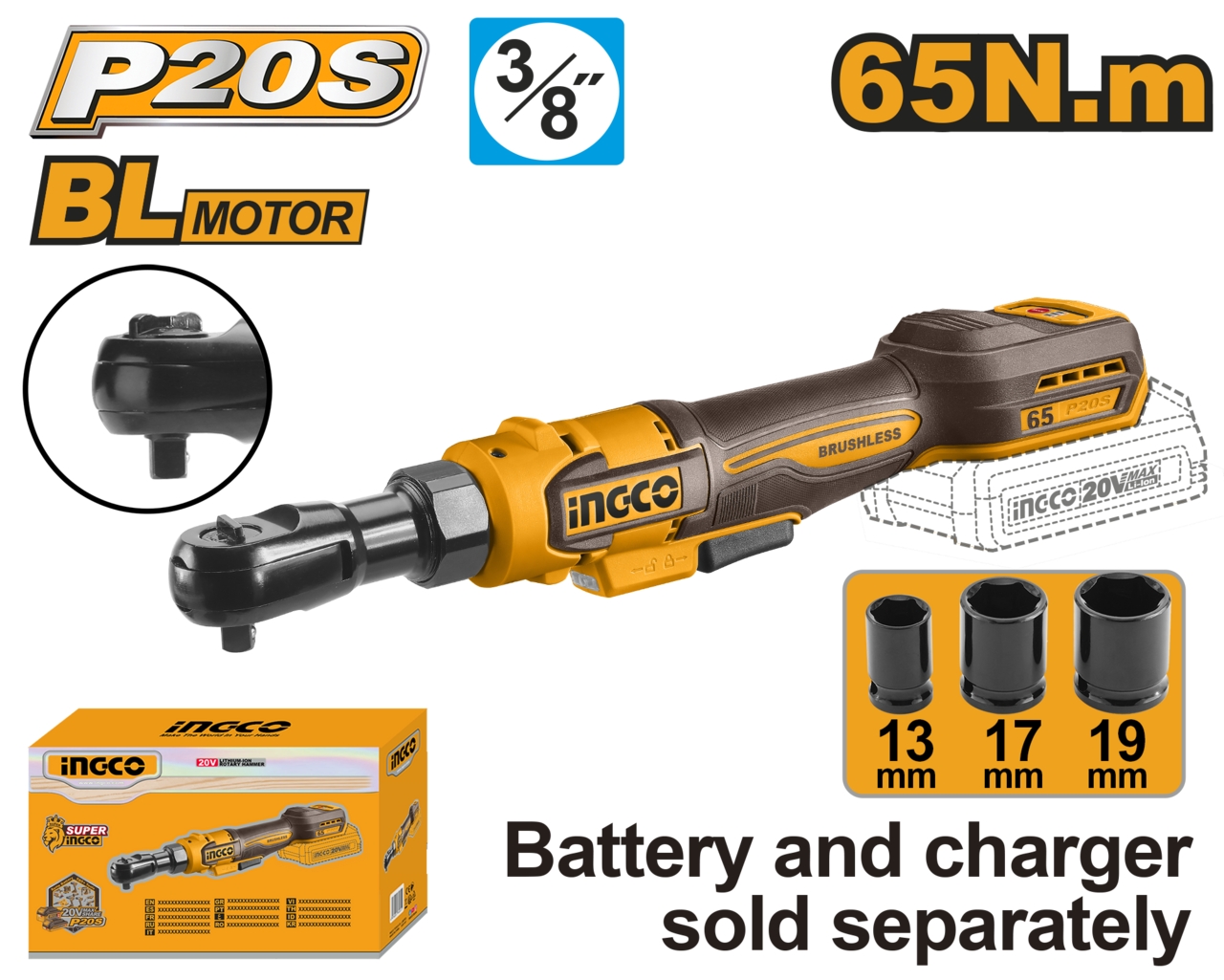Ratchet Driver Cordless 𝑃20ˢ 3/8" 65𝑁-𝑚 iNGCO