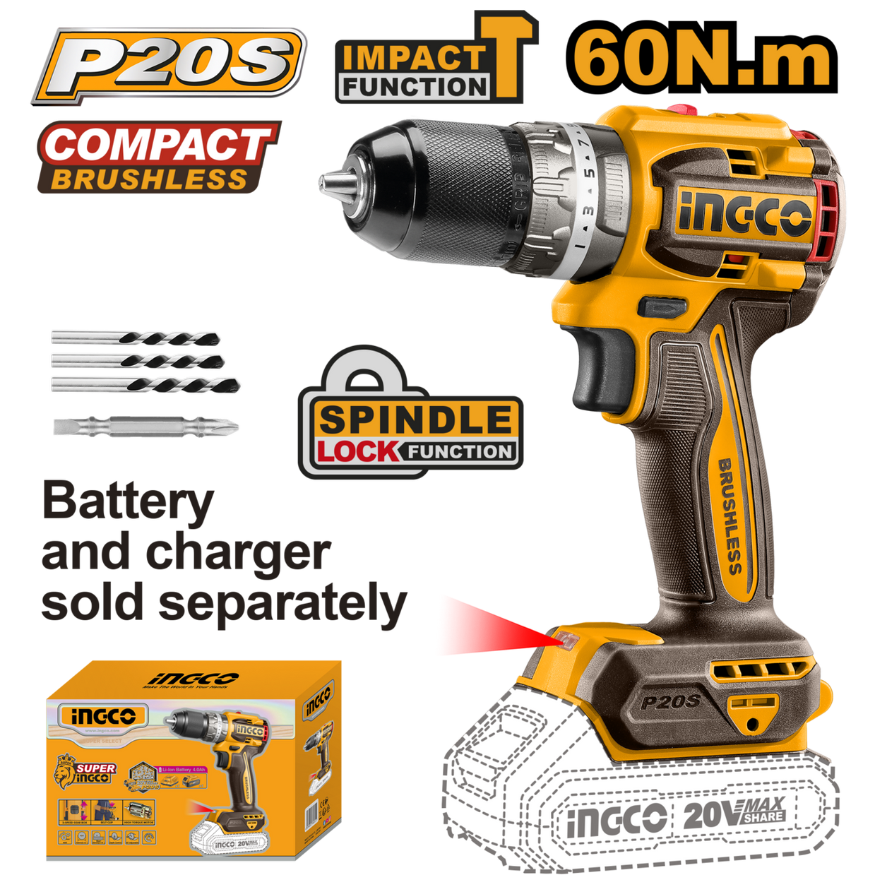 Impact Drill Cordless 20𝑉 60𝑁-𝑚 iNGCO