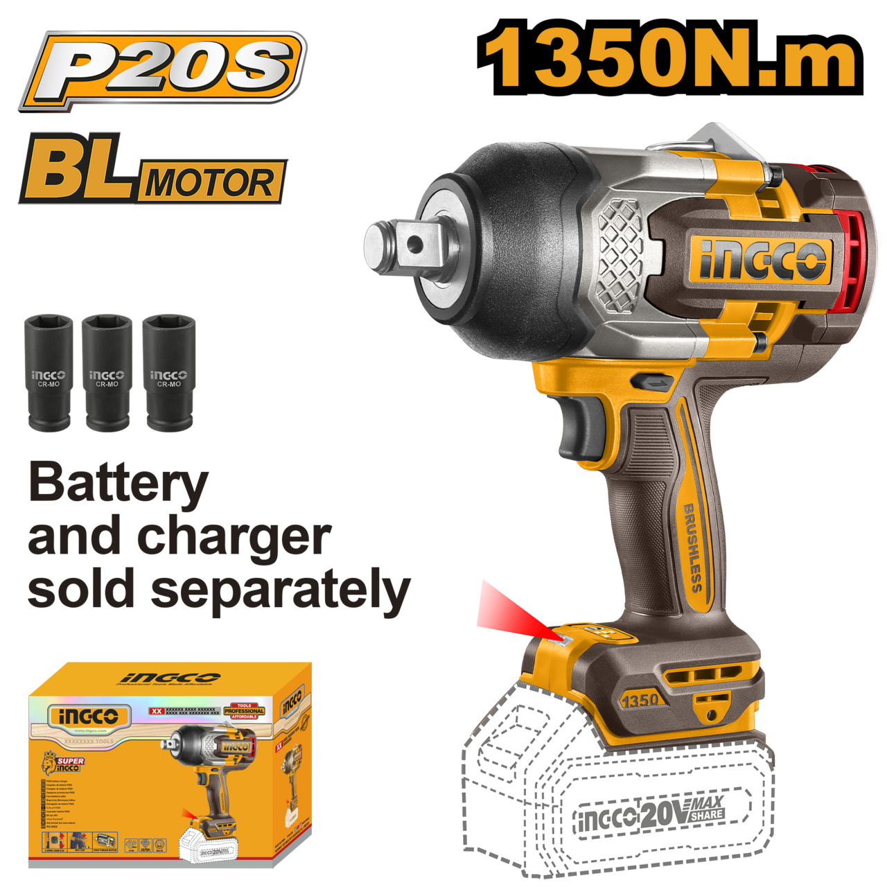 Impact Wrench Cordless 20𝑉 3/4" iNGCO