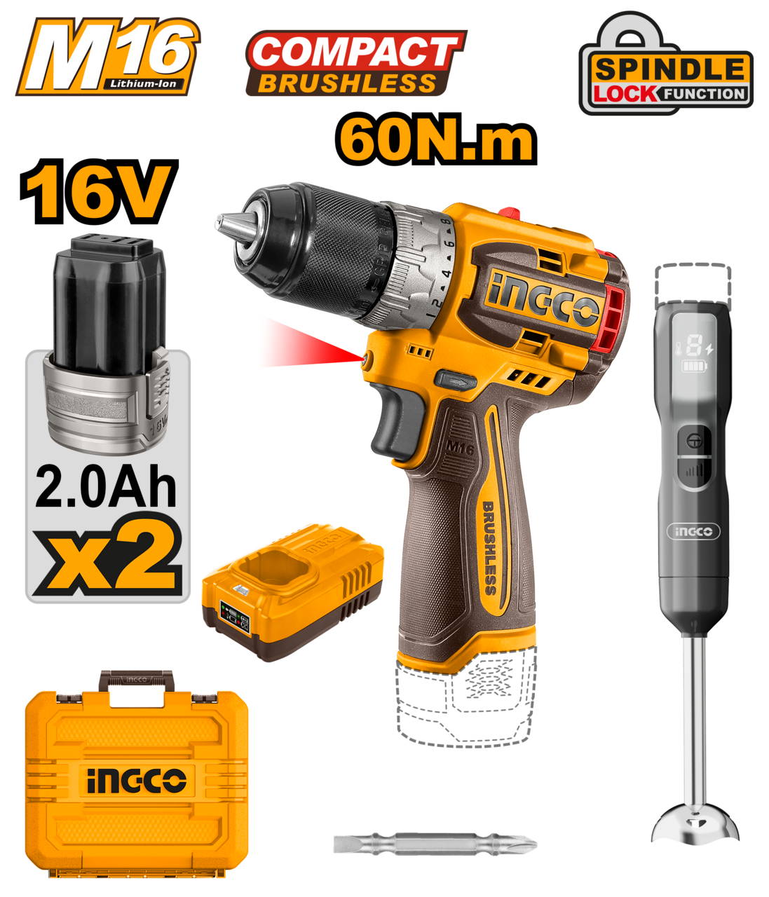 Impact Drill + Stick Blender Cordless 𝑀16 KIT iNGCO