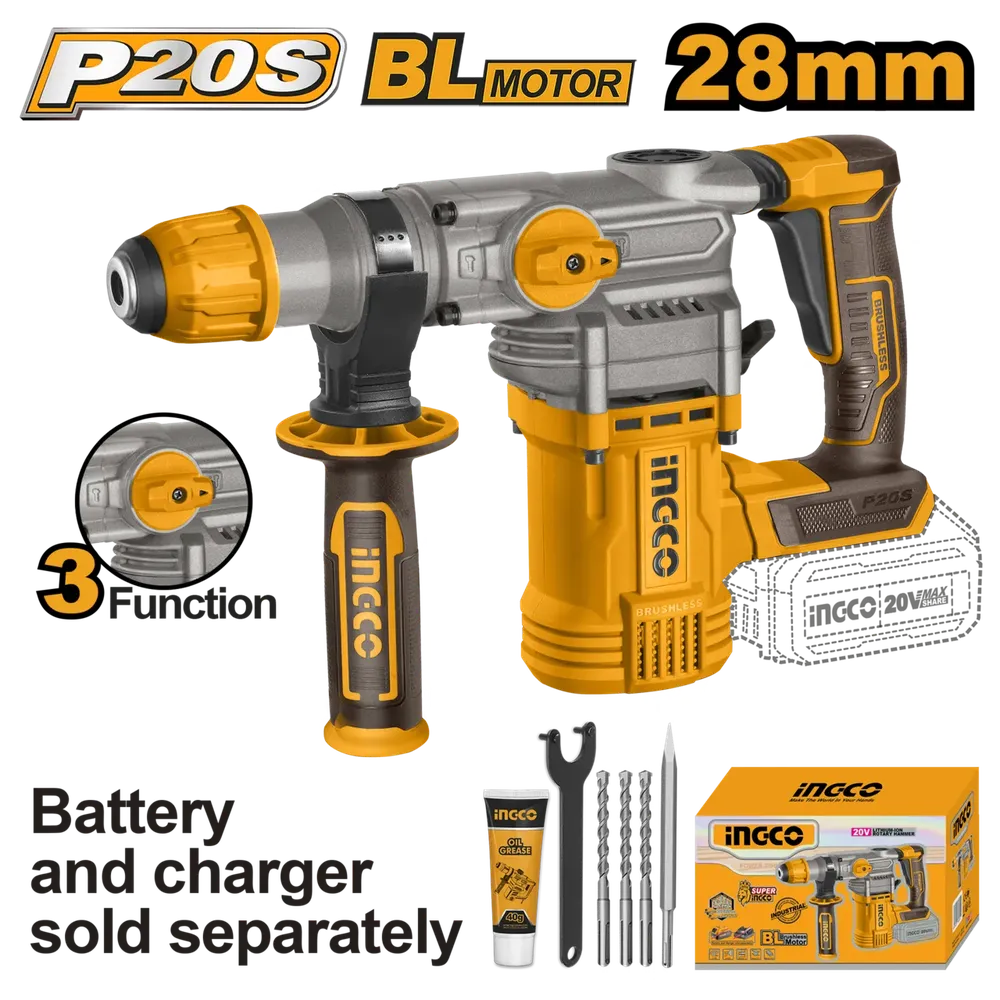 Rotary Hammer Drill Cordless 𝑃20ˢ iNGCO »-28𝑚𝑚-Tool Only-