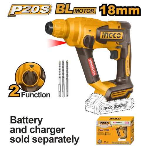 Rotary Hammer Drill Cordless 𝑃20ˢ iNGCO »-18𝑚𝑚-Tool Only-