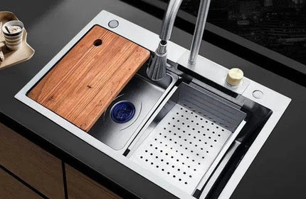 Sink Drop In Sleek Workstation + Waterfall Mixer-Stainless Steel-