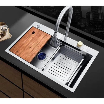 Sink Drop In Sleek Workstation + Waterfall Mixer-Stainless Steel-