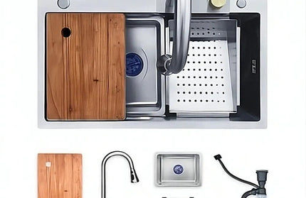 Sink Drop In Sleek Workstation + Waterfall Mixer-Stainless Steel-