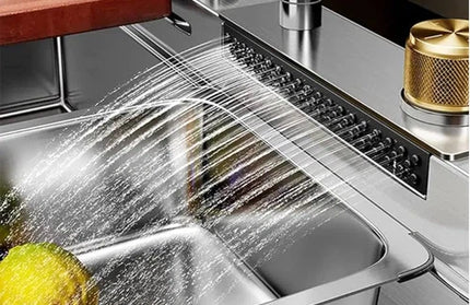 Sink Drop In Sleek Workstation + Waterfall Mixer-Stainless Steel-