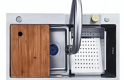 Sink Drop In Sleek Workstation + Waterfall Mixer-Stainless Steel