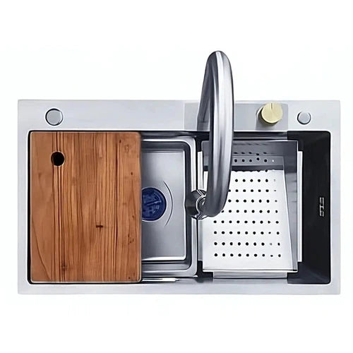 Sink Drop In Sleek Workstation + Waterfall Mixer-Stainless Steel-