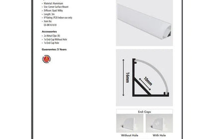 Strip Light Aluminium Profile Quarter Round Block-ƒ16mm x 𝐿3𝑚-