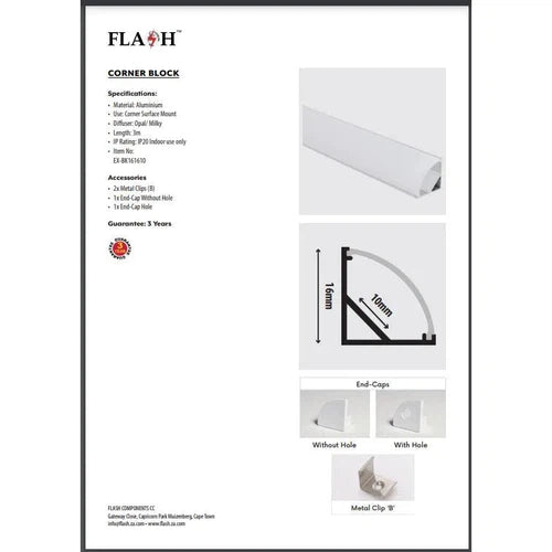 Strip Light Aluminium Profile Quarter Round Block-ƒ16mm x 𝐿3𝑚-