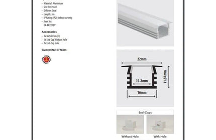 Strip Light Aluminium Profile Recessed Square Box-𝑊16x12mm x 𝐿3𝑚-
