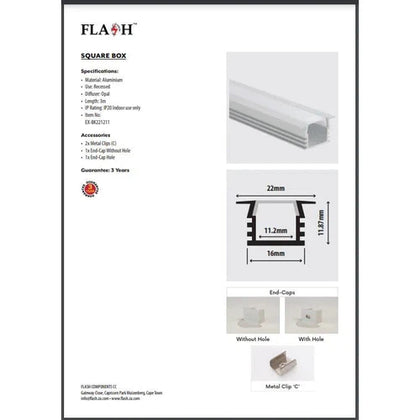Strip Light Aluminium Profile Recessed Square Box-𝑊16x12mm x 𝐿3𝑚-
