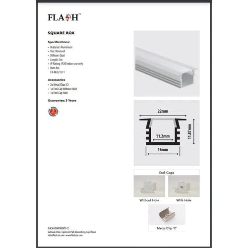 Strip Light Aluminium Profile Recessed Square Box-𝑊16x12mm x 𝐿3𝑚-