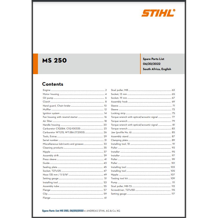 Parts List & Diagram MS250 STIHL-Power Tool & Equipment Manuals-STIHL-diyshop.co.za