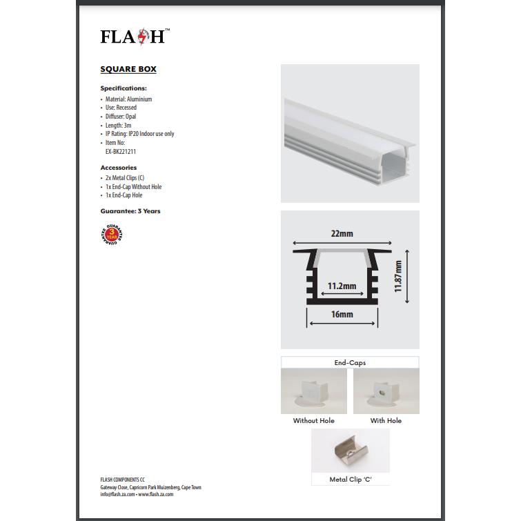 Strip Light Aluminium Profile Recessed Square Box-LED Light Bulbs-Flash-𝑊16x12mm x 𝐿3𝑚-diyshop.co.za